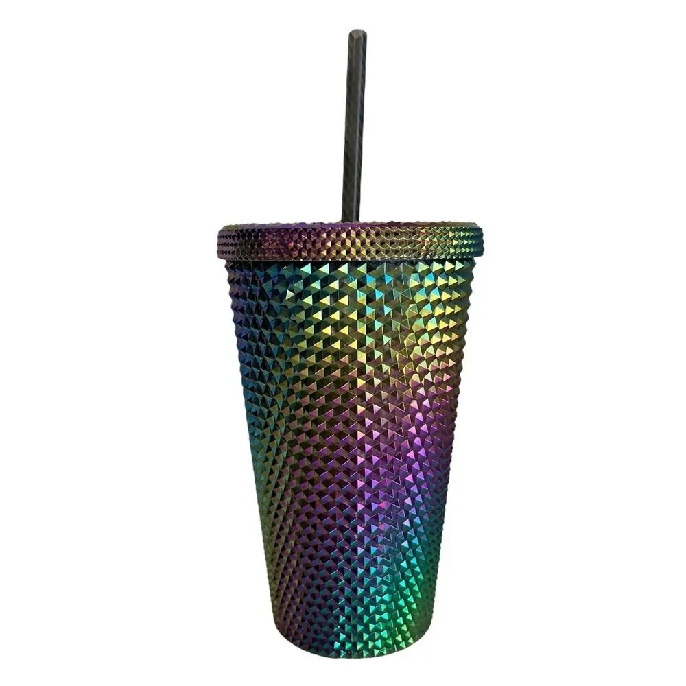 NWT Starbucks OIL SLICK Cold Cup Grande BLACK BLING Tumbler Rainbow Studded 2023